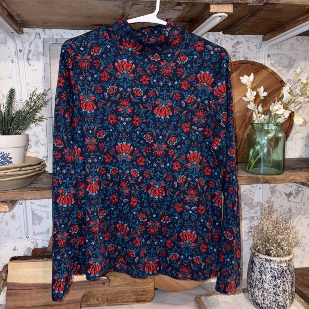 Woman's Floral Cottagecore Funnel Neck. Cozy Long Sleeve Shirt Large